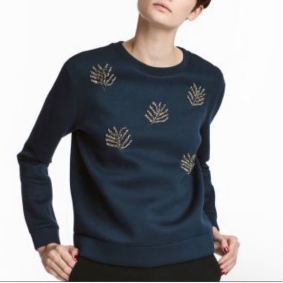 Navy H&M Beaded Leaf Sweatshirt Size Medium - Picture 1 of 5